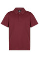 A maroon polo shirt with a collar and three buttons, featuring a logo on the chest.