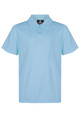 A light blue polo shirt featuring a collar and a button placket, with a logo on the upper side.