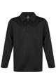 A black long-sleeve polo shirt with a collar and three buttons, featuring a logo at the neck.