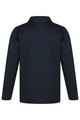 A navy blue polo shirt with a collared neckline and long sleeves, featuring a logo on the upper left chest.