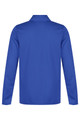 A blue long-sleeved polo shirt featuring a collar and a smooth texture. It has a logo on the front.