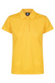 A yellow polo shirt featuring a classic collar and button detail, with a branded logo on the inside.