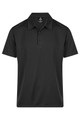 A black men's polo shirt with a collared neckline and three buttons, featuring a logo on the chest.