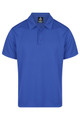A blue men's polo shirt with a collar and three buttons, featuring a branding logo.