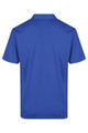 A blue men's polo shirt featuring a collar and short sleeves, with a logo on the design.