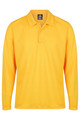 A long-sleeved yellow polo shirt featuring a collar and three buttons, with a logo on the neckline.