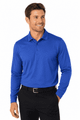 A blue long-sleeve polo shirt modelled by a man, featuring a collar and a logo.