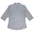 A black and white checked button-up shirt with 3/4 sleeves and a collar, featuring a subtle logo.