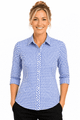 A blue and white check pattern button-up shirt with 3/4 sleeves and a fitted design, featuring a logo.