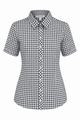 A short-sleeve button-up shirt in a black and white gingham pattern with a collar and a logo.