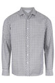 A long-sleeved button-up shirt in a black and white check pattern, featuring a branded logo.