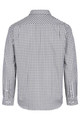A long sleeve button-up shirt featuring a grey and white checkered pattern, with a back view showcasing its collar and stitching.