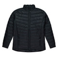 A black, padded jacket with a zip front and two side pockets; features a high collar and a sleek design.