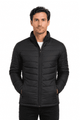 A black men's jacket with a zippered front and side pockets, featuring a puffy design and a logo.