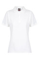 A white women's polo shirt with a collar and placket, featuring a branding logo.
