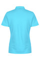 A turquoise women's polo shirt with a collared neckline and short sleeves, featuring a logo on the back.