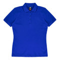 A blue polo shirt with a collar and three buttons, featuring a logo on the label.