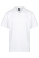 A white polo shirt featuring a collar and a placket, with a branding logo on the label.
