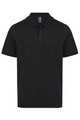 A black polo shirt with a collared neckline and three-button placket, featuring a logo on the chest.