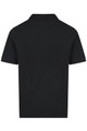 A black polo shirt displaying a simple, classic design with a collar and short sleeves. It features a logo.