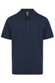 A navy polo shirt with a collar and a three-button placket. It features a logo on the label.