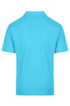 A bright turquoise polo shirt featuring a simple design and a collar, with a branding logo on the front.