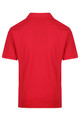 A red polo shirt featuring a collar and short sleeves, with a logo on the back.