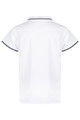 A white polo shirt featuring contrasting trim and a collar. The back view highlights its smooth design and fit.