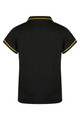 A black polo shirt with yellow trim, featuring a collar and short sleeves. The back view is displayed.