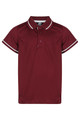 A maroon polo shirt featuring contrasting white collar and sleeve accents, with a logo on the front.
