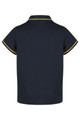 A navy polo shirt for kids with contrasting gold trim and a logo on the back.