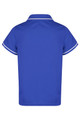 A blue polo shirt with contrasting white trim, featuring a classic collar and short sleeves. It has a logo.