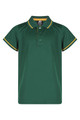 A green polo shirt with yellow accents and a collar, featuring three buttons and short sleeves.