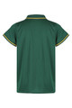 A green polo shirt with yellow and green stripes on the collar and sleeves, featuring a logo.