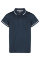 A navy blue polo shirt with contrasting white stripes on the collar and sleeves, featuring a button placket and a logo.