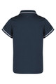 A navy polo shirt with a collar and contrasting trim, featuring a logo on the back.