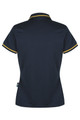 A dark navy polo shirt with yellow trim, featuring a collar and short sleeves. It includes a logo branding.
