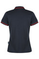 A navy polo shirt featuring red trim, with a classic collar and short sleeves, displayed from the back.