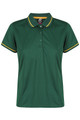 A green polo shirt featuring contrasting yellow trim on the collar and sleeves, with a logo at the neckline.