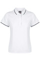 A white polo shirt with a collar and contrasting trim, featuring a logo on the chest.