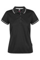A black polo shirt with a collar and contrasting white stripes, featuring a logo and buttons down the front.