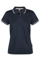 A navy blue women's polo shirt with a white-striped collar and button placket. It has a logo on the label.