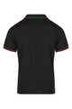 A black polo shirt with red piping, featuring a collar and short sleeves. It has a logo on the left side.