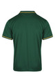 A green polo shirt featuring yellow trim at the collar and sleeves, with a logo on the back.