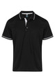 A black polo shirt with white accents, featuring a logo on the collar and a three-button placket.