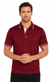 A maroon men's polo shirt with a white collar and trim, featuring a logo on the chest.