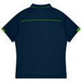 A navy polo shirt with green accents and a logo on the back, designed for sports uniforms.