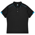 A black polo shirt with blue accents, featuring a collar and buttons, designed for sports uniforms.