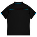 A black polo shirt with blue accents and a logo at the back, designed for kids' sports uniforms.