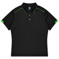 A black polo shirt with green accents and a collar, designed for kids' sports uniforms. It features a logo.